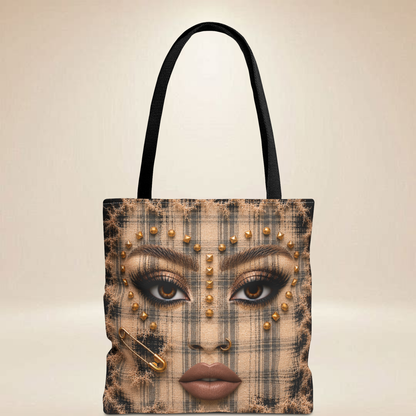Plaid Face Tote Bag | Double-Sided Rock Art Tote