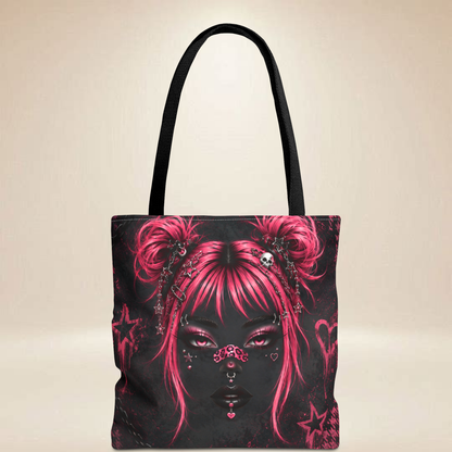 Pink Punk Face Tote Bag | Double-Sided Goth Art Tote
