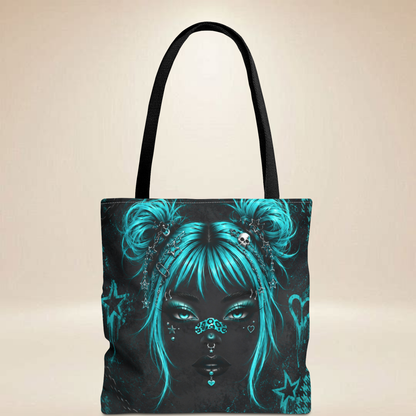 Teal Punk Face Tote Bag – Blue Teal Anime Design