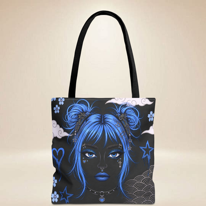 Blue Hair Face Tote Bag | Double-Sided Alternative Art Tote