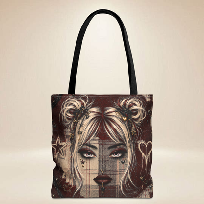 Plaid Face Tote Bag | Double-Sided Alternative Art Tote