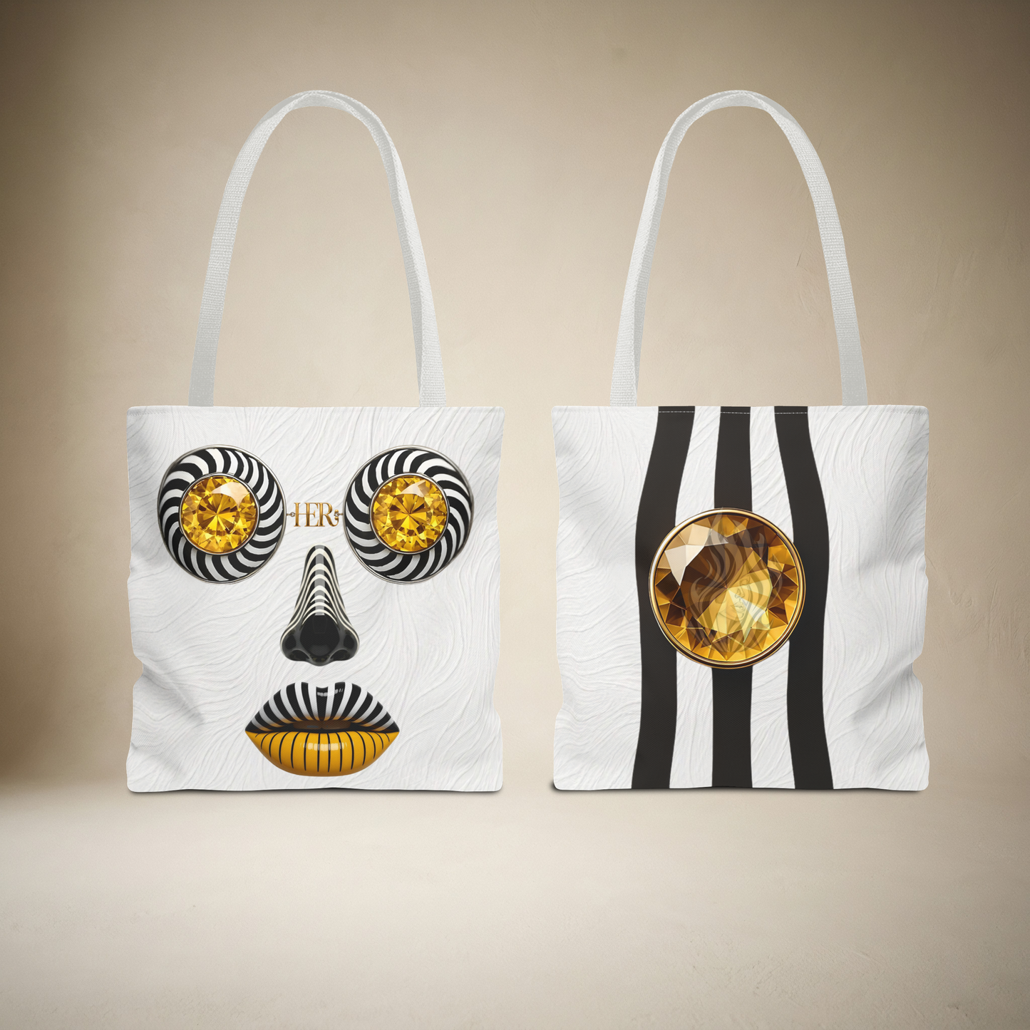 White Abstract Gem Face Tote Bag – Bold Black & Gold Patterned AOP Tote