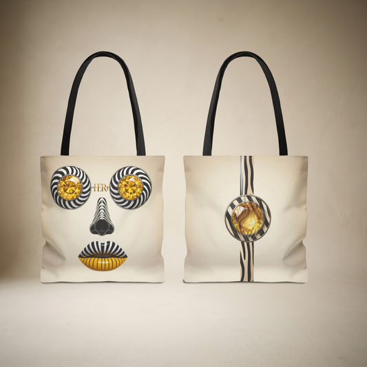 Shades of Ivory Surreal Gold Gem Face Tote Bag — Artistic All-Over Print Tote