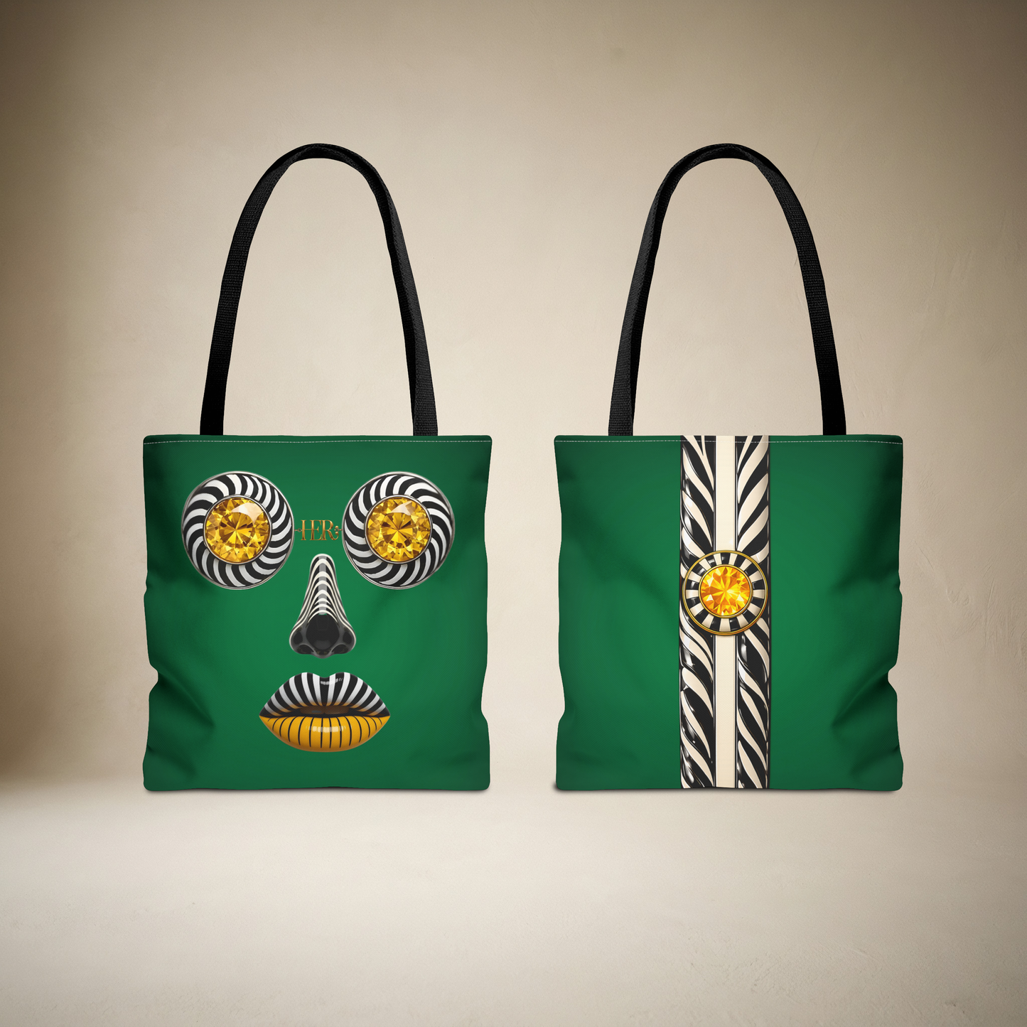 Green Surreal Gold Gem Face Tote Bag — Artistic All-Over Print Tote