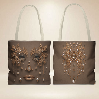 Gold Lace Filigree Face Tote Bag | Double-Sided Art Tote | Embellished Masquerade Tote Bag