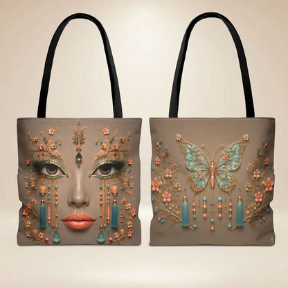 Turquoise & Coral Face Tote Bag | Double-Sided Butterfly Art Tote |