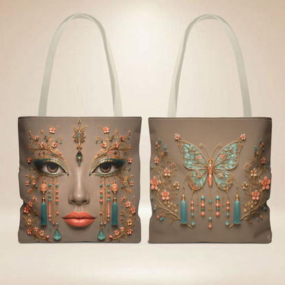 Turquoise & Coral Face Tote Bag | Double-Sided Butterfly Art Tote |