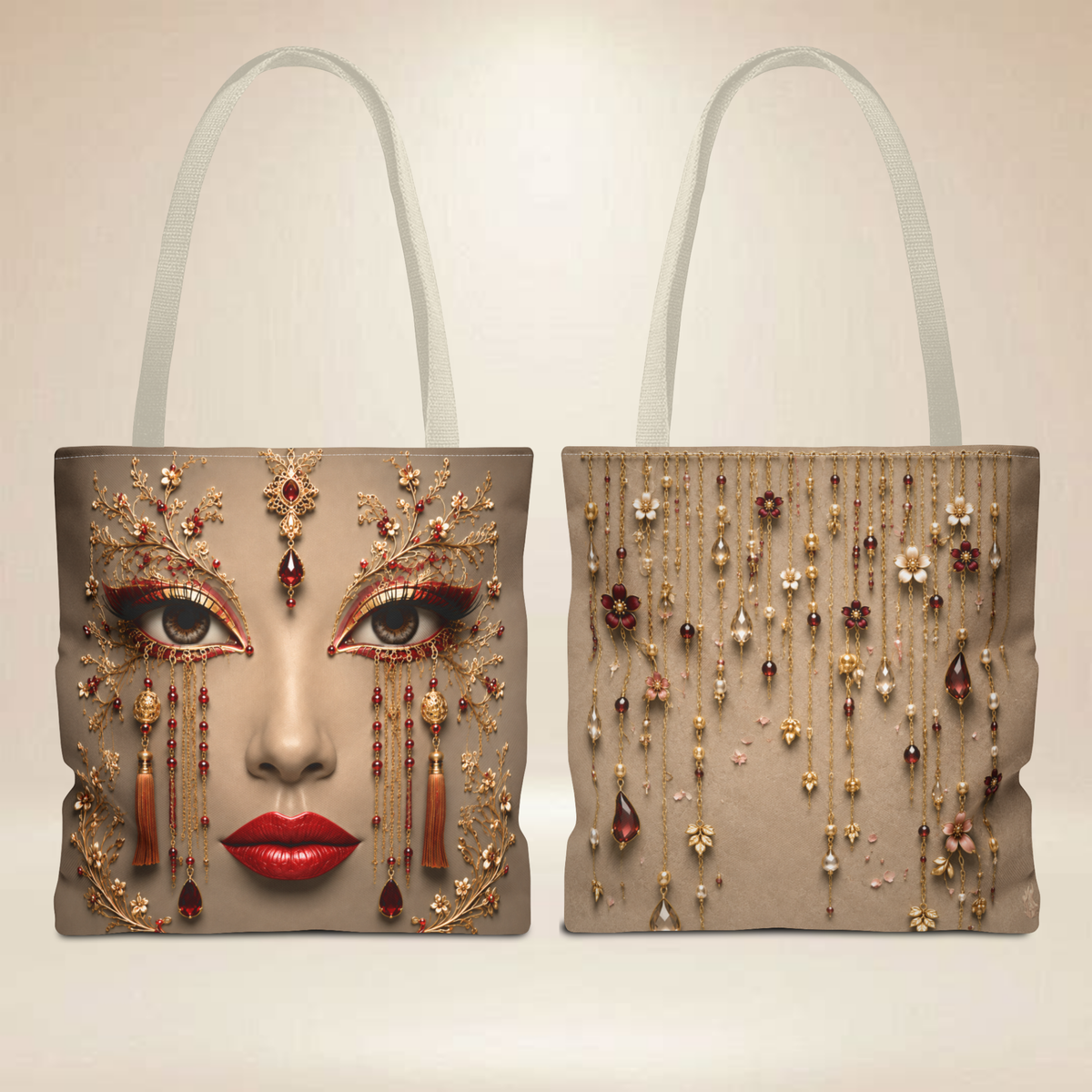 Ruby Gaze Abstract Face Tote Bag | Double-Sided Luxury Art Tote