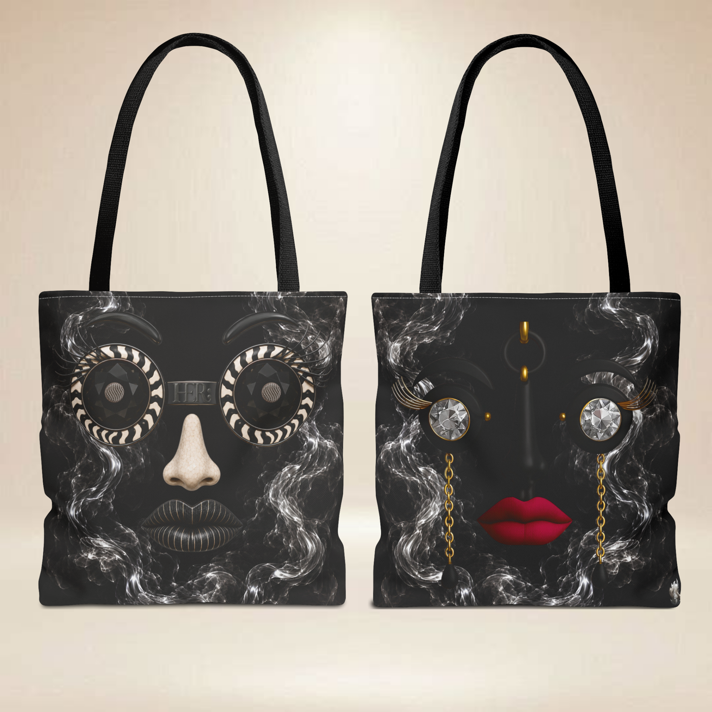 Smoke & Diamonds Face Tote Bag | Double-Sided Art Tote