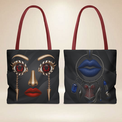 Ruby Eye Face Tote Bag | Bold Lip & Jewelry Art Double-Sided Art Tote