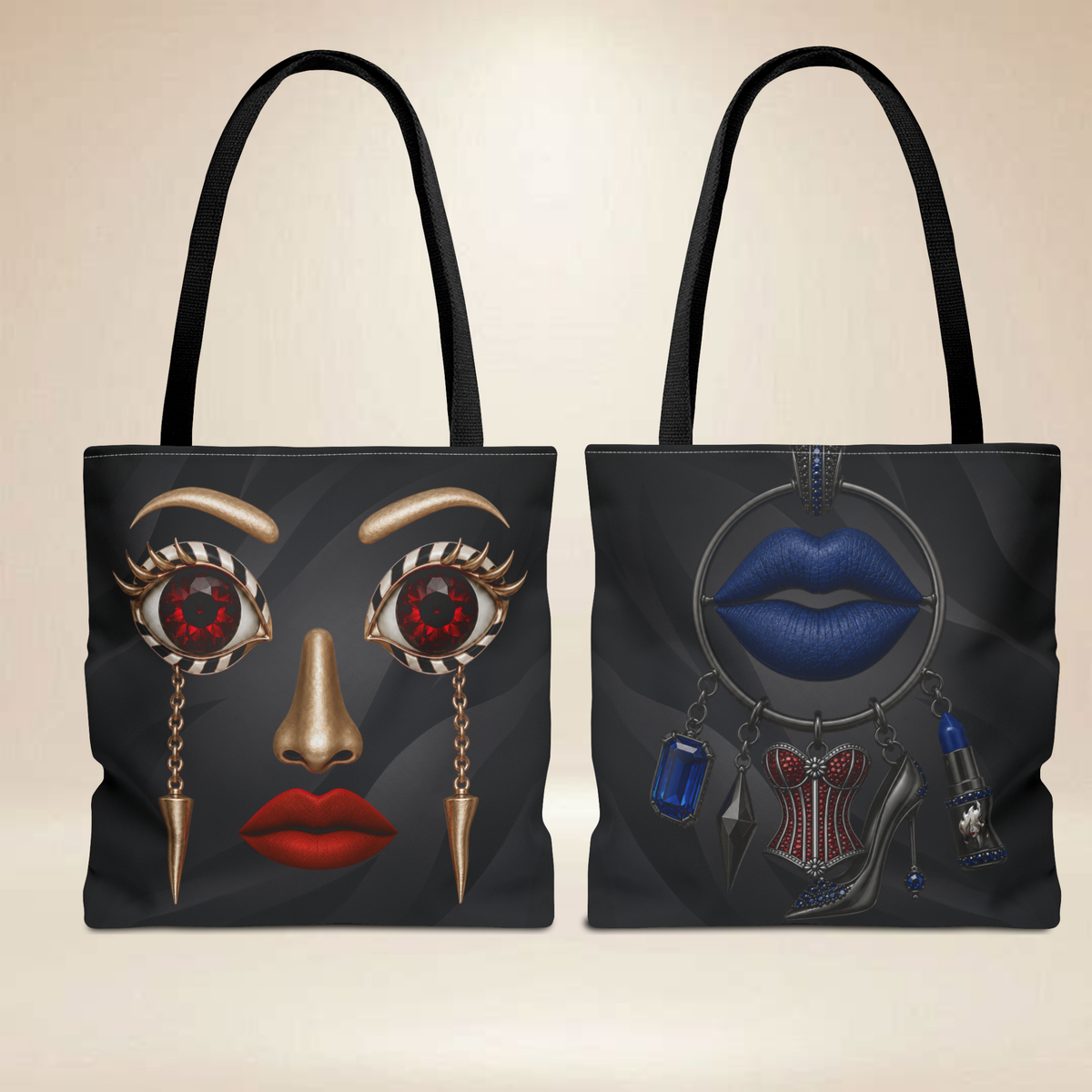 Ruby Eye Face Tote Bag | Bold Lip & Jewelry Art Double-Sided Art Tote
