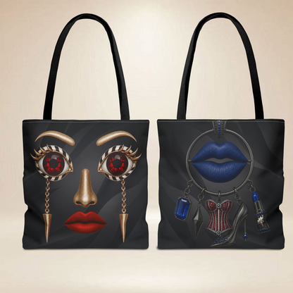 Ruby Eye Face Tote Bag | Bold Lip & Jewelry Art Double-Sided Art Tote