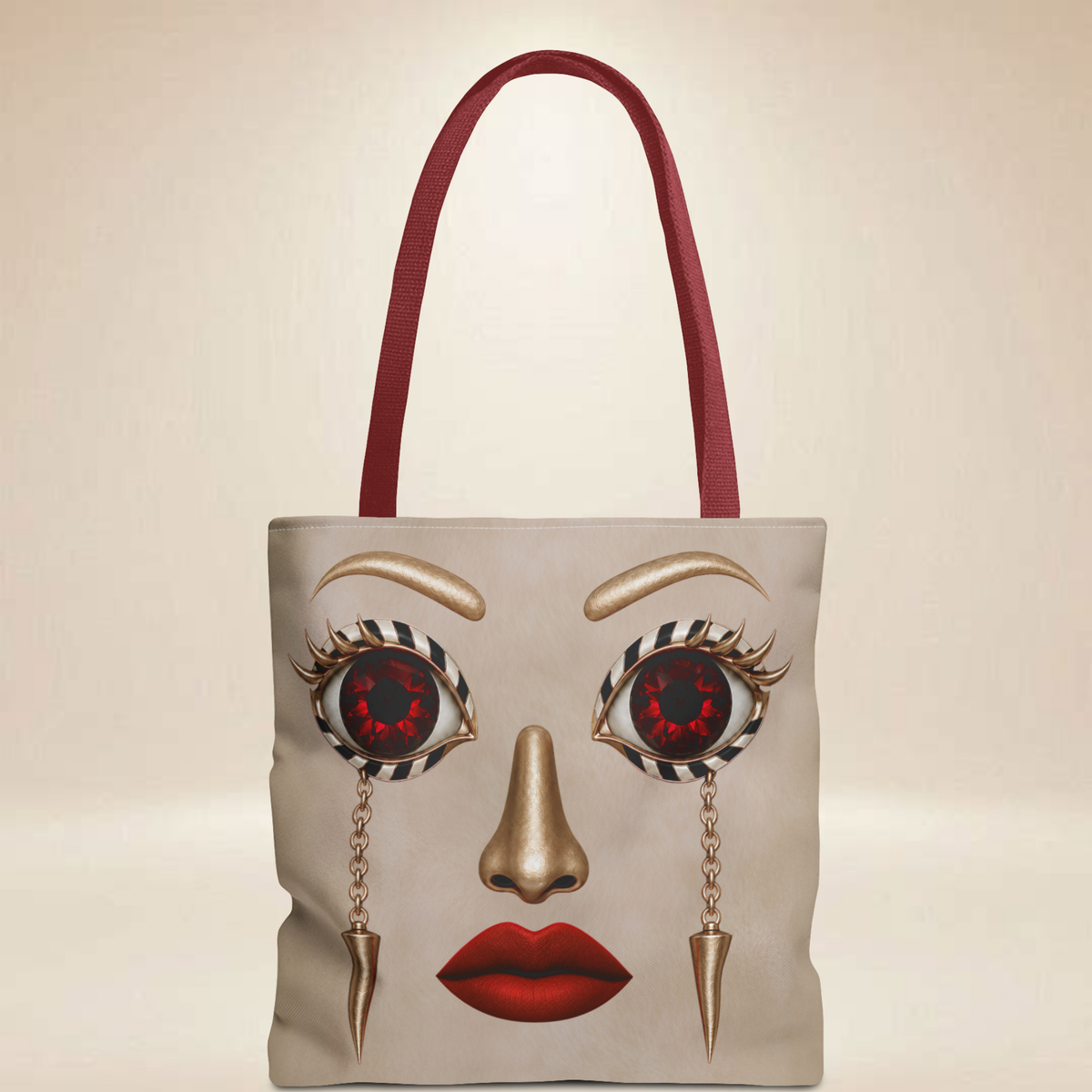 Ruby Eye Face Tote Bag | — Bold Lip & Jewelry Art Double-Sided Art Tote