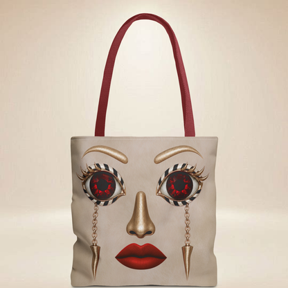 Ruby Eye Face Tote Bag | — Bold Lip & Jewelry Art Double-Sided Art Tote