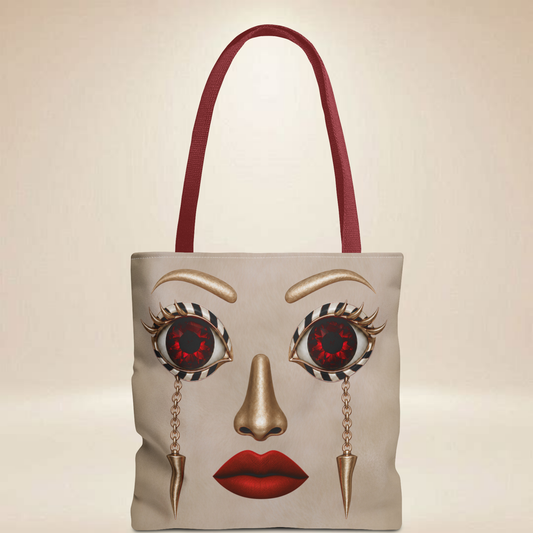 Ruby Eye Face Tote Bag | — Bold Lip & Jewelry Art Double-Sided Art Tote