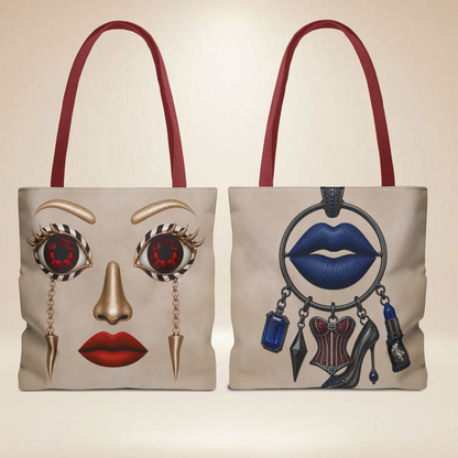 Ruby Eye Face Tote Bag | — Bold Lip & Jewelry Art Double-Sided Art Tote