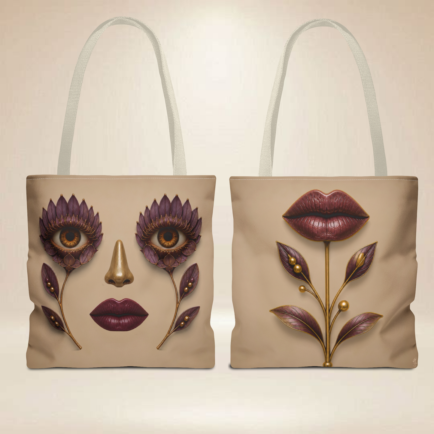 Purple Floral Face Tote Bag | Double-Sided Art Tote