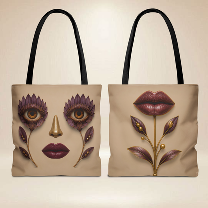 Purple Floral Face Tote Bag | Double-Sided Art Tote