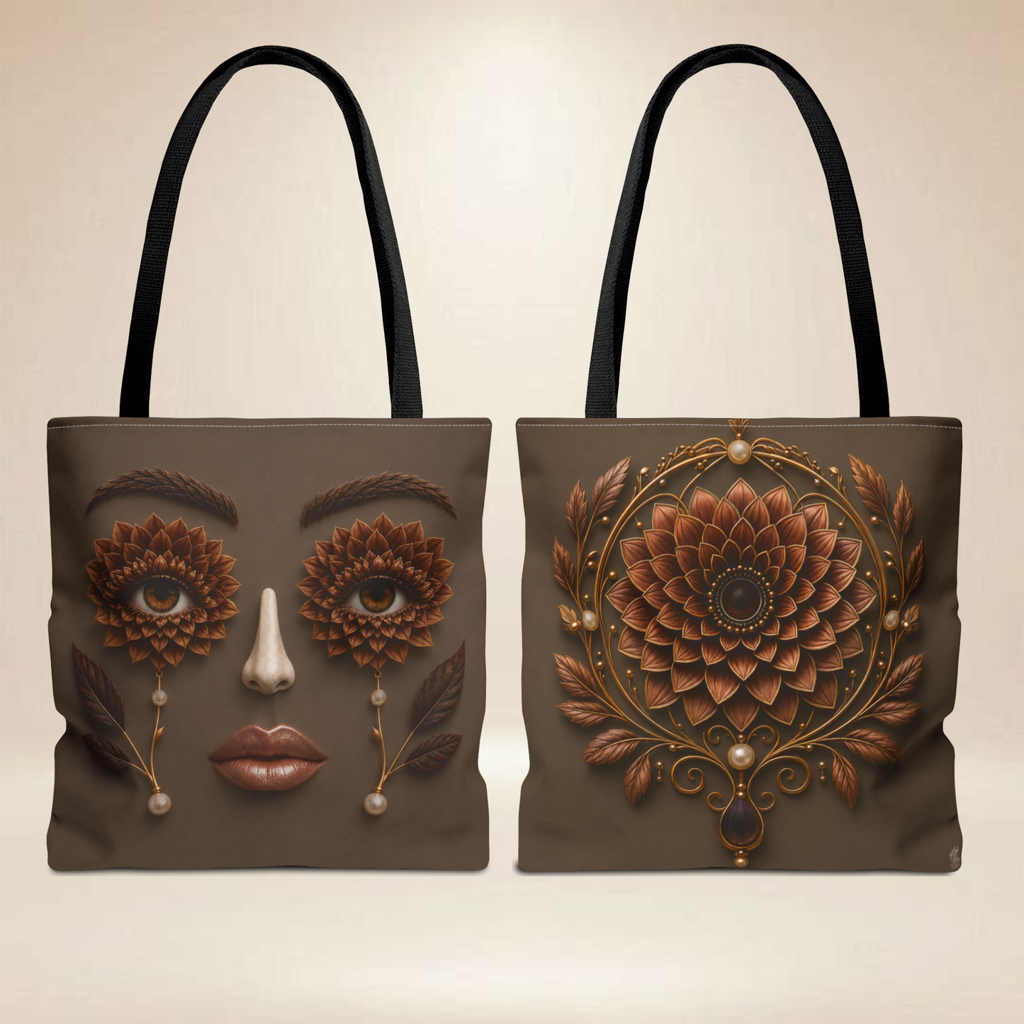 Brown Dahlia Face Tote Bag | Double-Sided Botanical Art Tote
