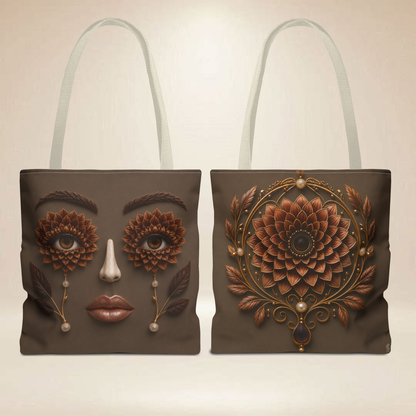 Brown Dahlia Face Tote Bag | Double-Sided Botanical Art Tote
