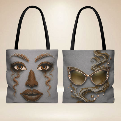"Denim Look" Abstract Face Tote Bag | Double-Sided Art Tote