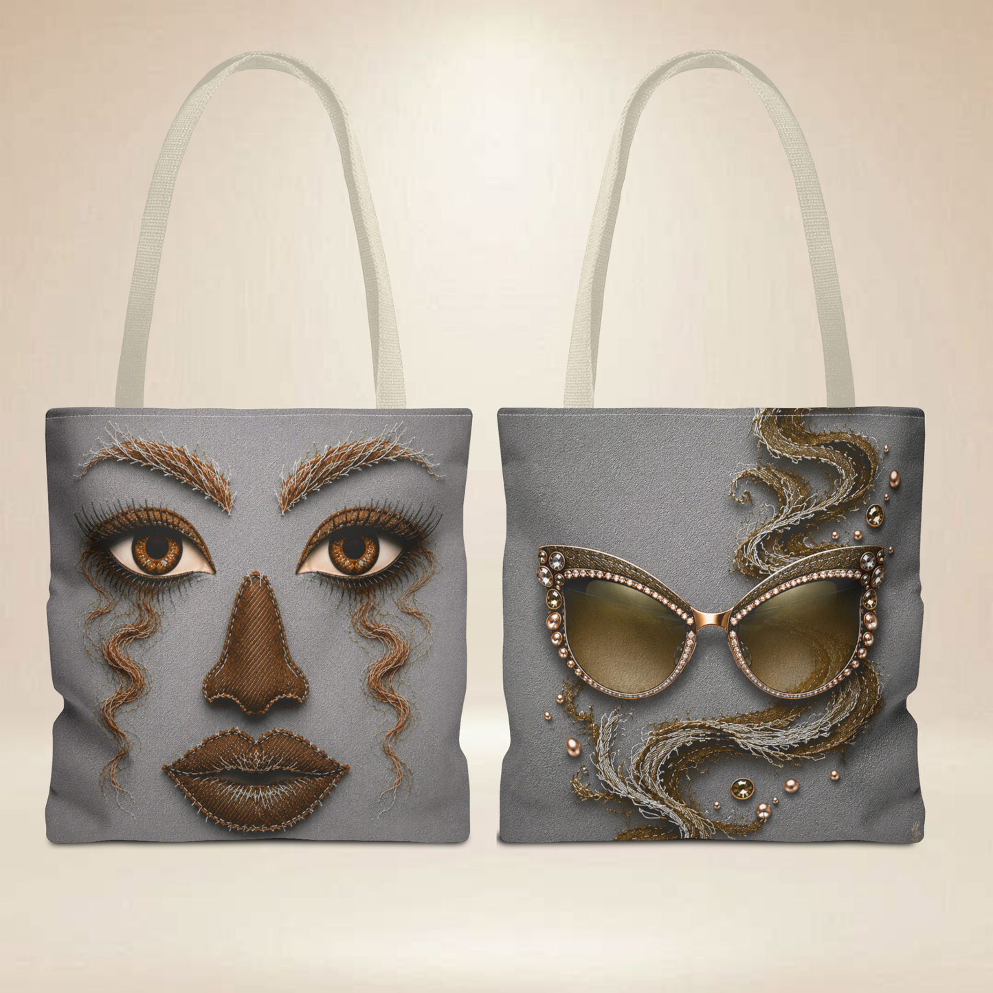 "Denim Look" Abstract Face Tote Bag | Double-Sided Art Tote