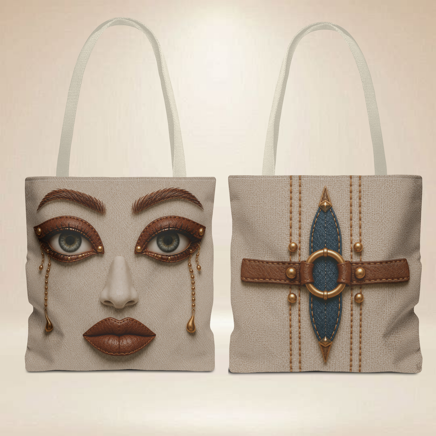 Leather-Inspired Face Tote Bag | Double-Sided Art Tote