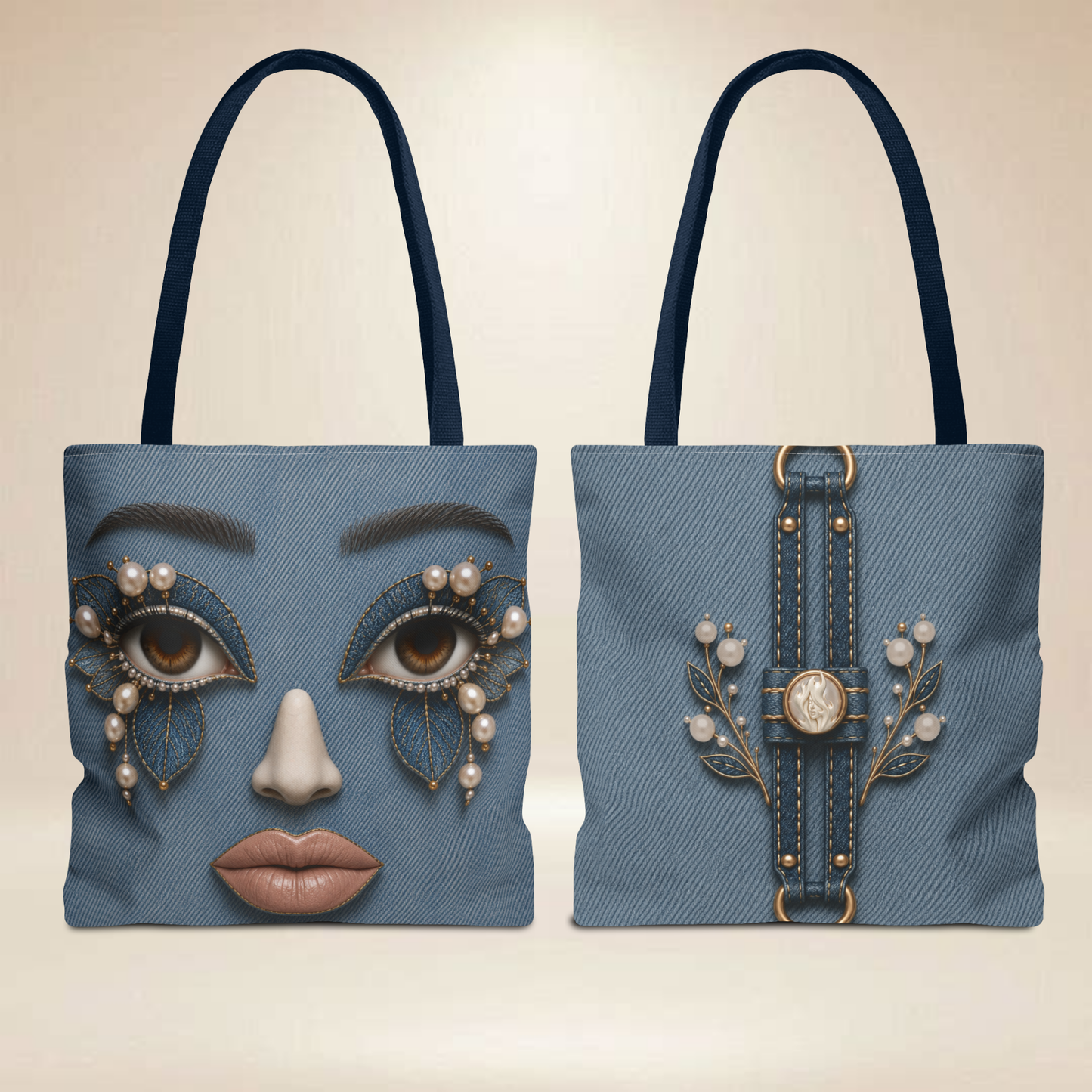Denim "INSPIRED" Face Tote Bag | Double-Sided Art Tote