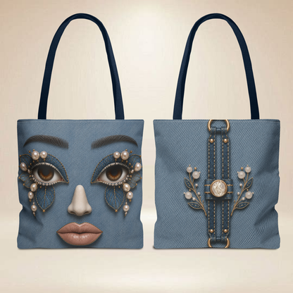 Denim "INSPIRED" Face Tote Bag | Double-Sided Art Tote