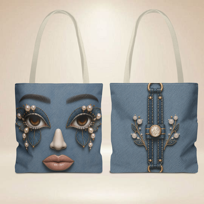 Denim "INSPIRED" Face Tote Bag | Double-Sided Art Tote