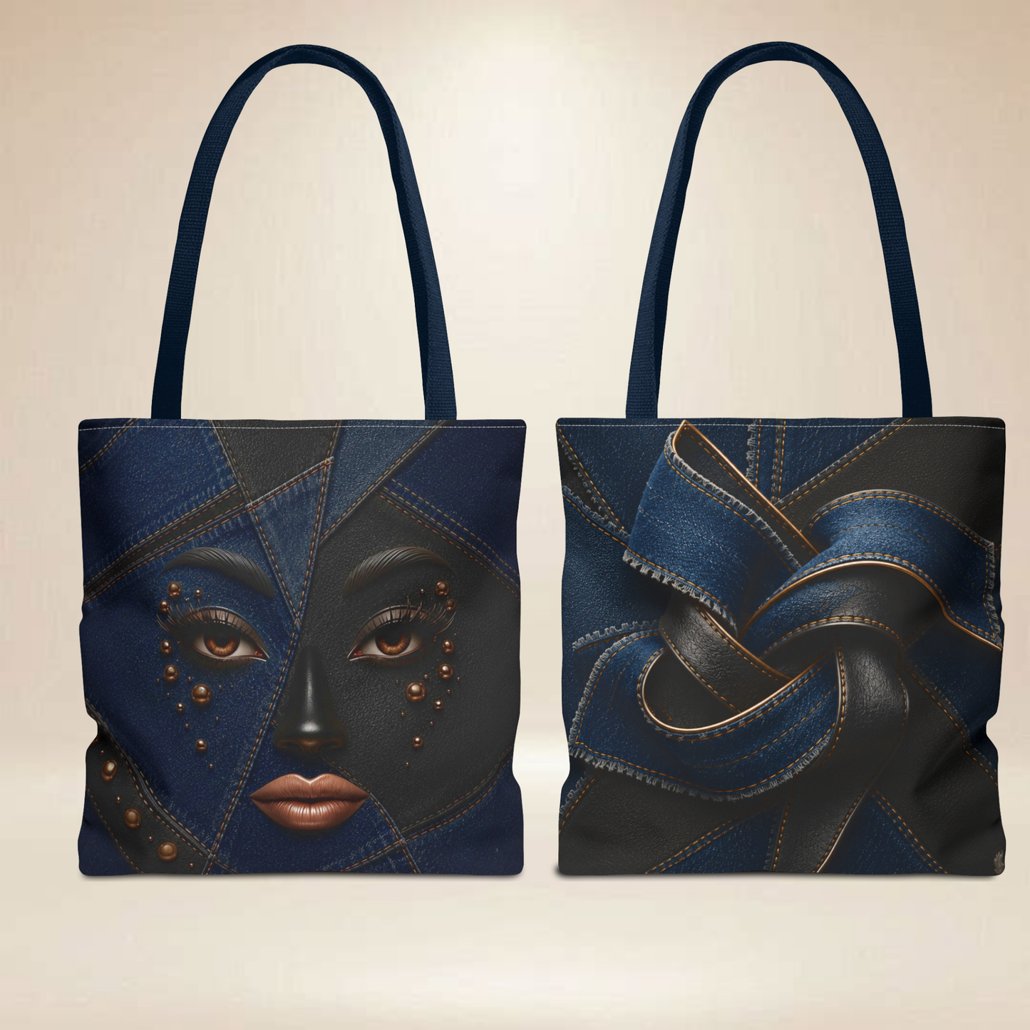 Denim "INSPIRED" Patchwork Face Tote Bag | Double-Sided Art Tote