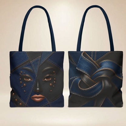 Denim "INSPIRED" Patchwork Face Tote Bag | Double-Sided Art Tote