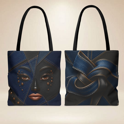 Denim "INSPIRED" Patchwork Face Tote Bag | Double-Sided Art Tote