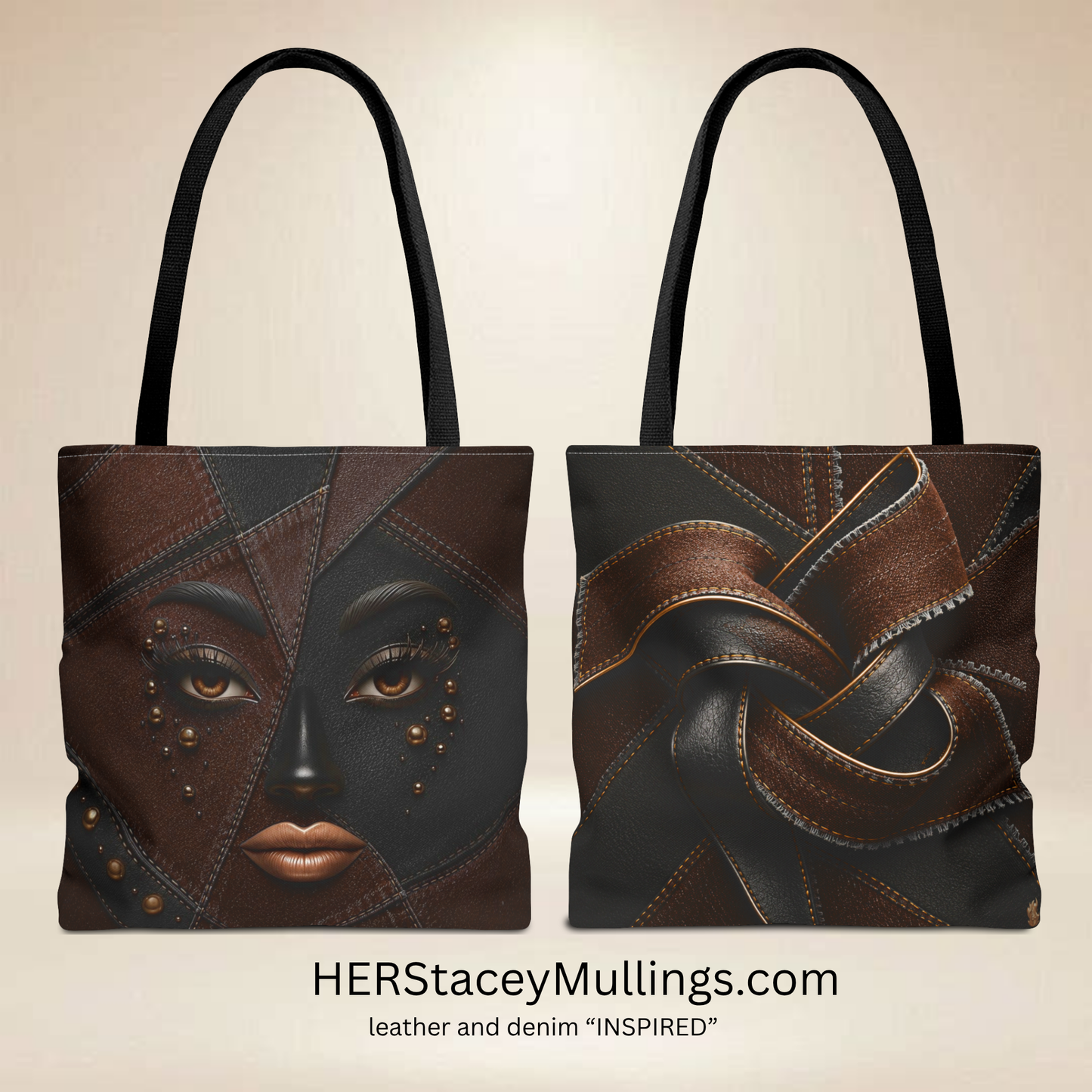 Brown Patchwork Face Tote Bag | Double-Sided Art Tot