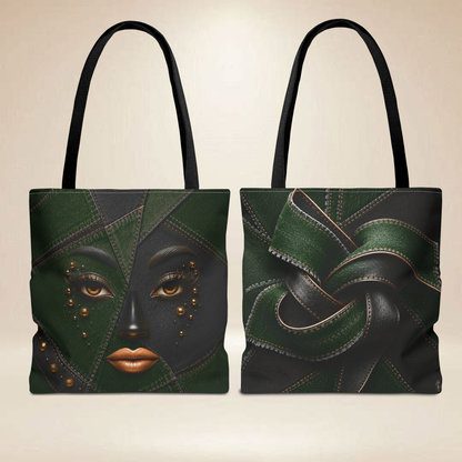 Green Patchwork Face Tote Bag | Double-Sided Art Tote