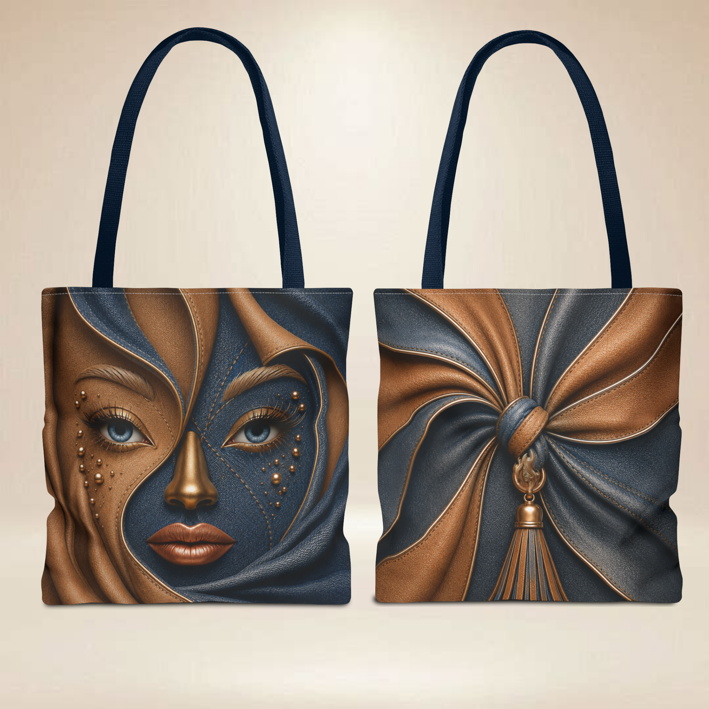 Abstract Bronze & Navy Face Tote Bag | Double-Sided Art Tote
