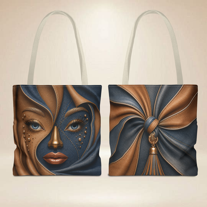 Abstract Bronze & Navy Face Tote Bag | Double-Sided Art Tote