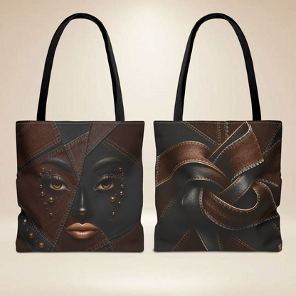 Brown Patchwork Face Tote Bag | Double-Sided Art Tot