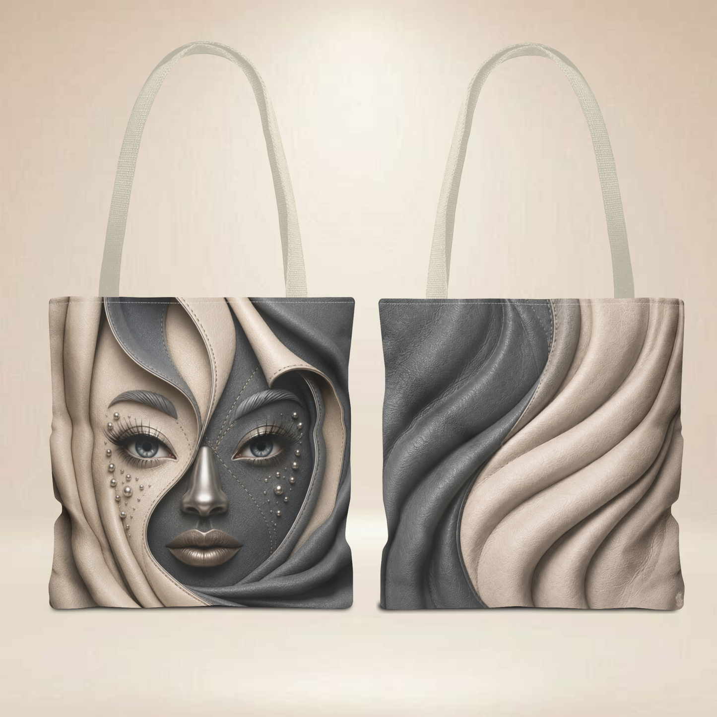 Abstract Face Ivory & Slate Tote Bag | Double-Sided Art Tote