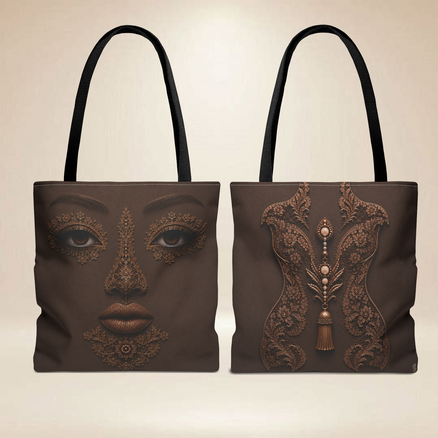 Lace Inspired Face Tote Bag | Double-Sided Art Tote