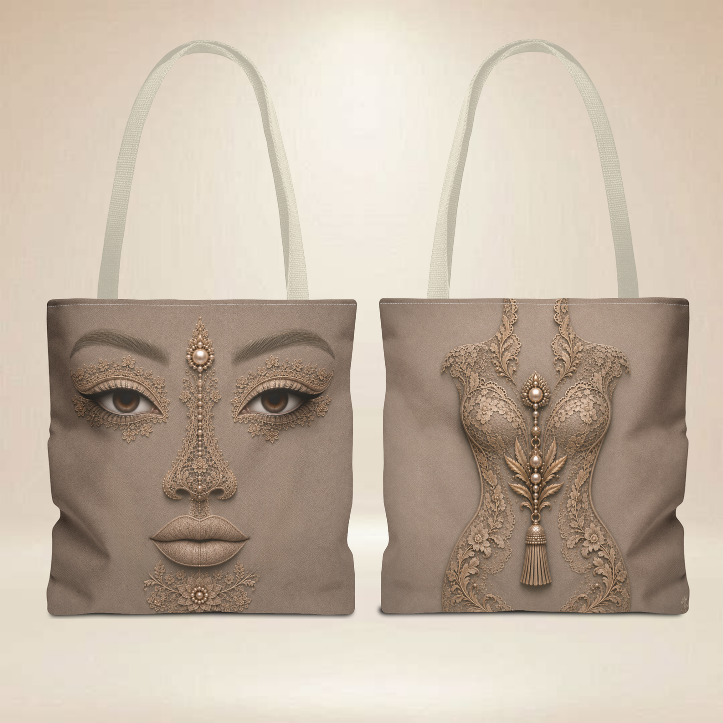 Lace Inspired Face Tote Bag | Double-Sided Art Tote