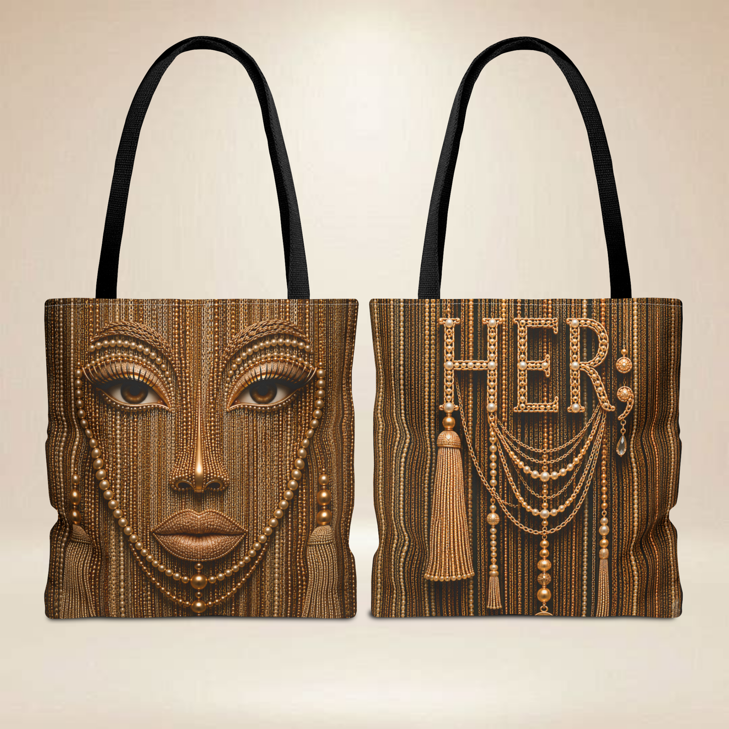 Beaded Face Tote Bag | Double-Sided Glam Art Tote
