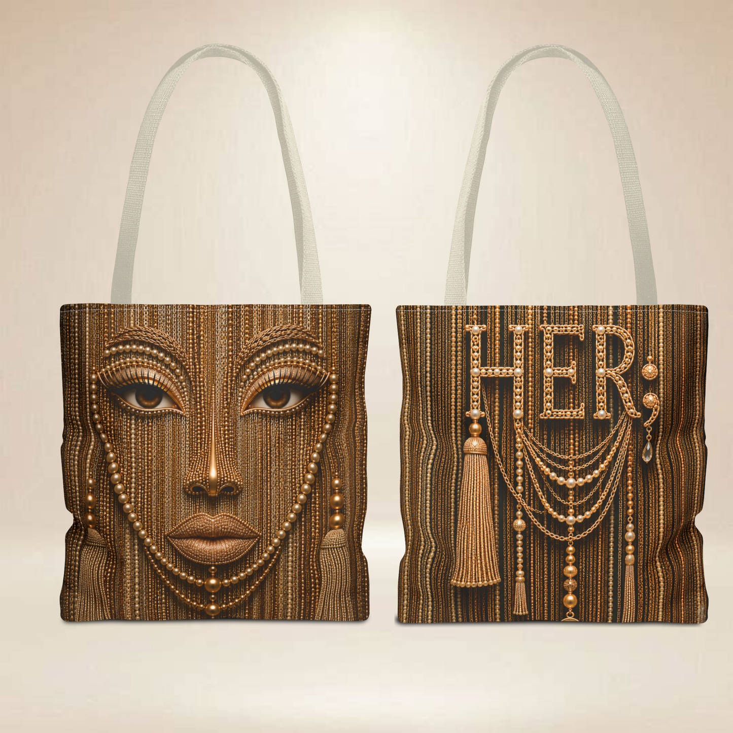 Beaded Face Tote Bag | Double-Sided Glam Art Tote