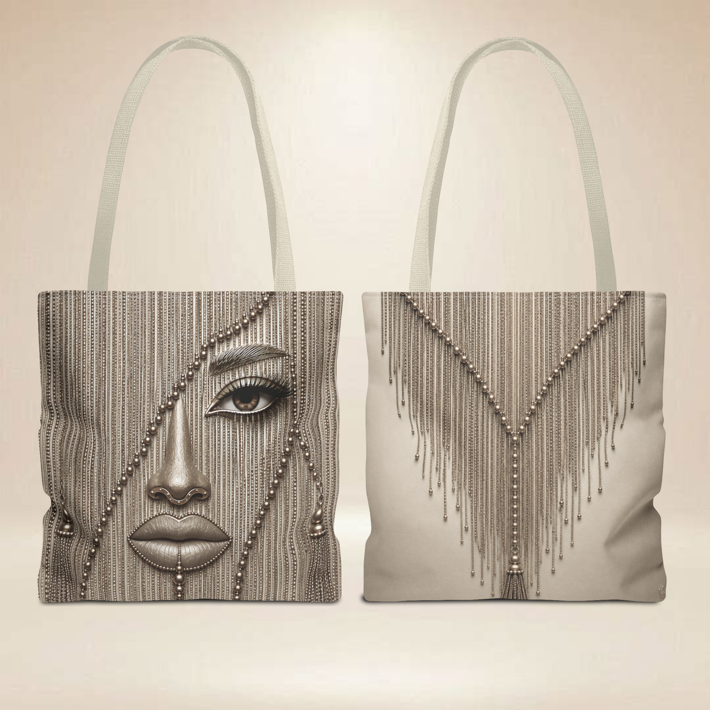 Beaded Fringe Portrait Tote Bag — Boho Chic Statement Beach & Market Tote