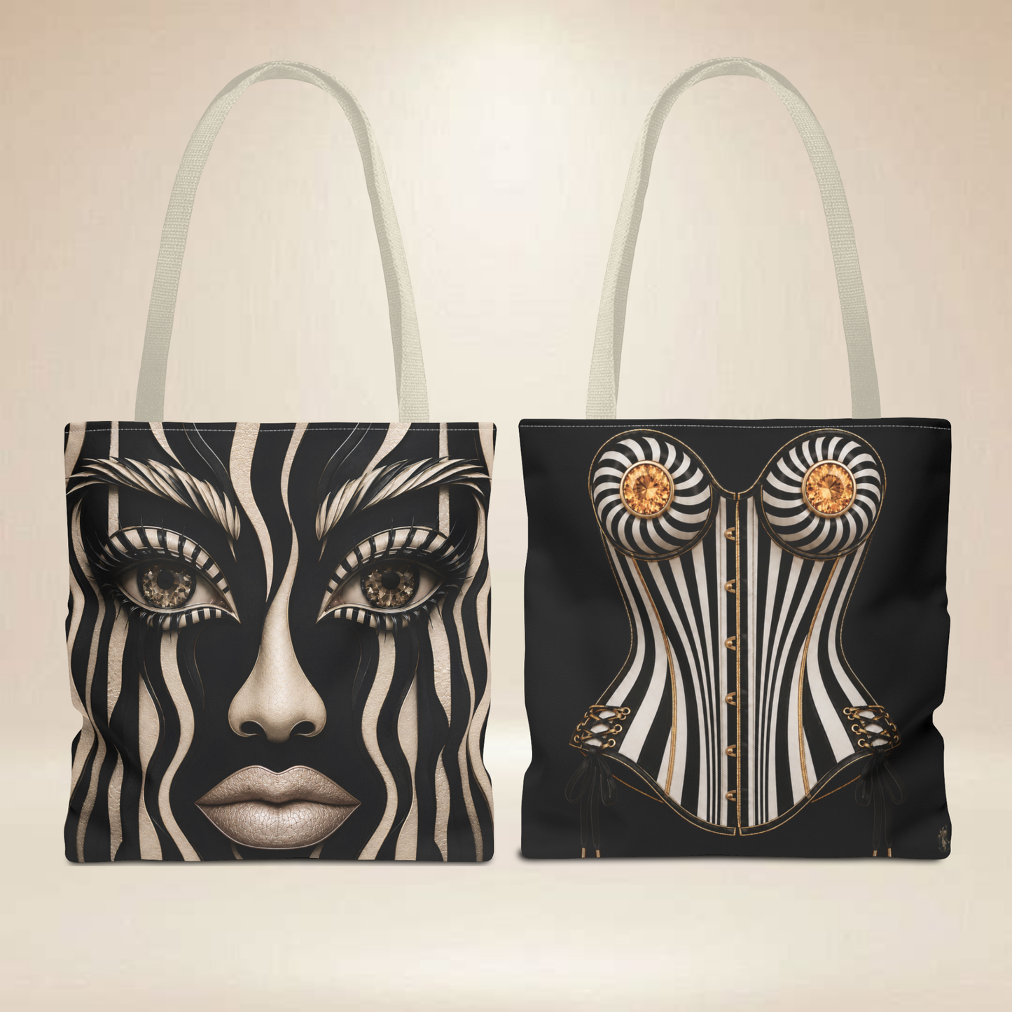 Striking Black & Beige Face and Corset | Double-Sided Art Tote