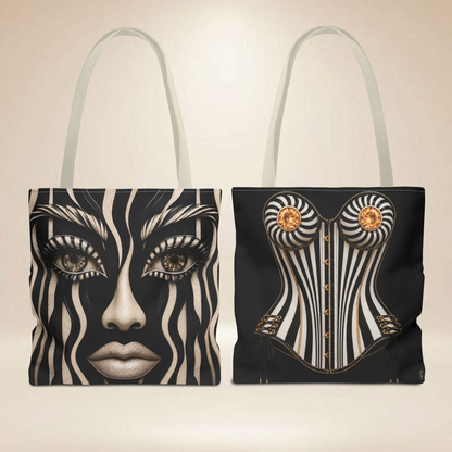 Striking Black & Beige Face and Corset | Double-Sided Art Tote