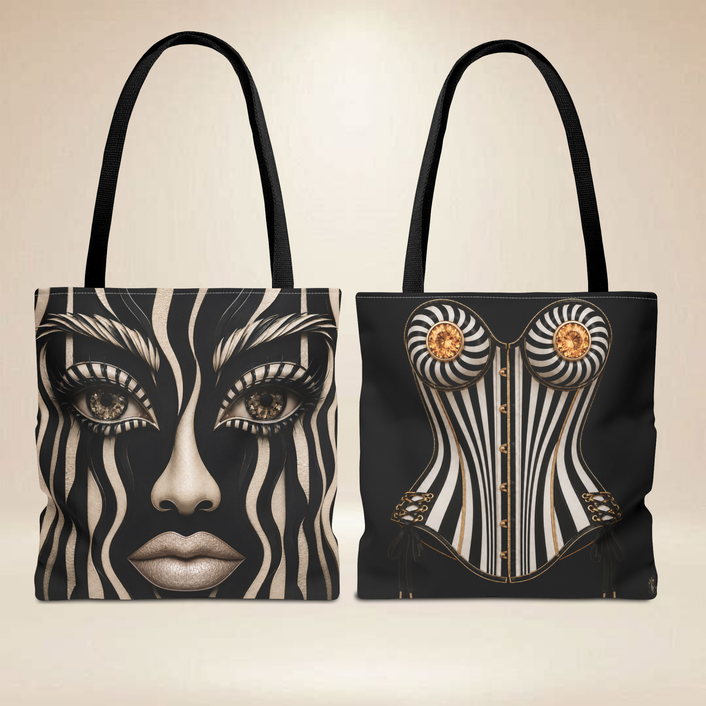 Striking Black & Beige Face and Corset | Double-Sided Art Tote