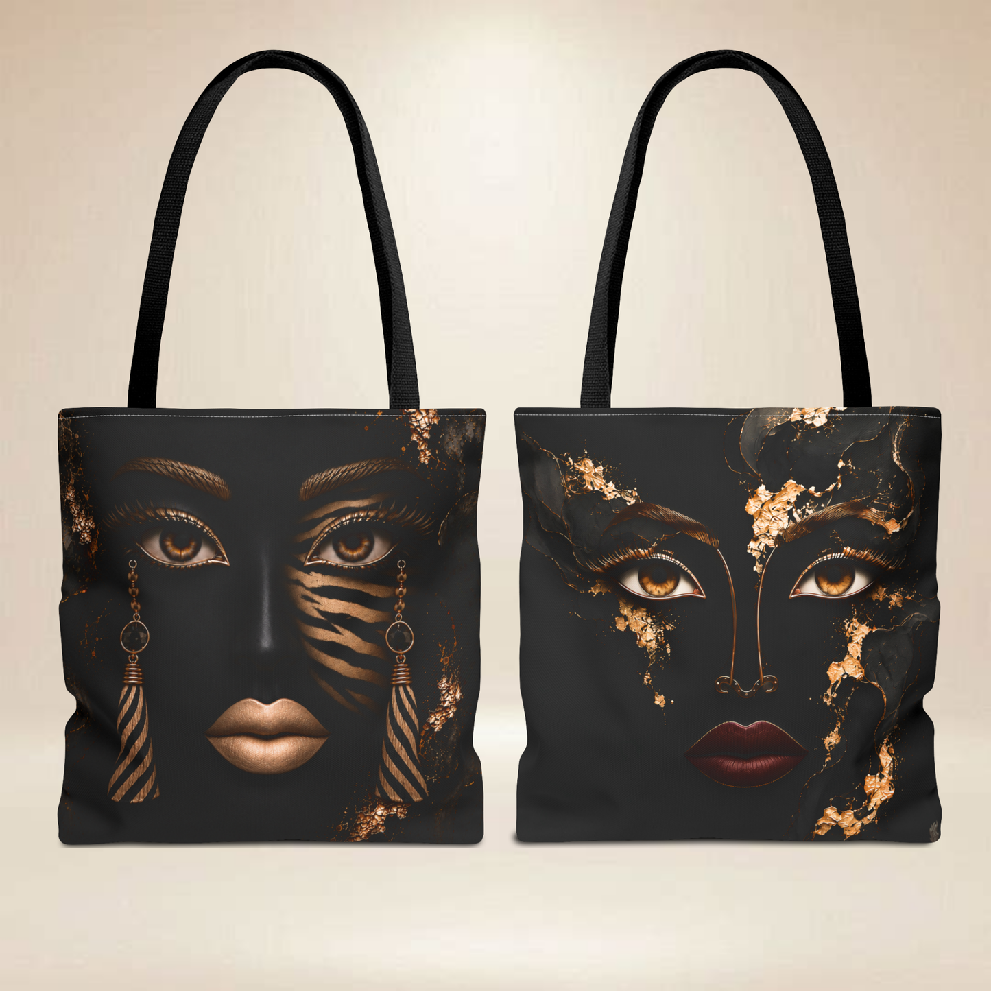 Black Gold Face Tote Bag  | Double-Sided Abstract Portrait Tote