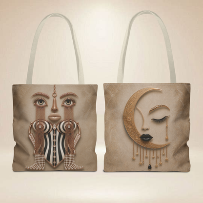 Corset Face and Moon Tote Bag | Double-Sided Tote Bag