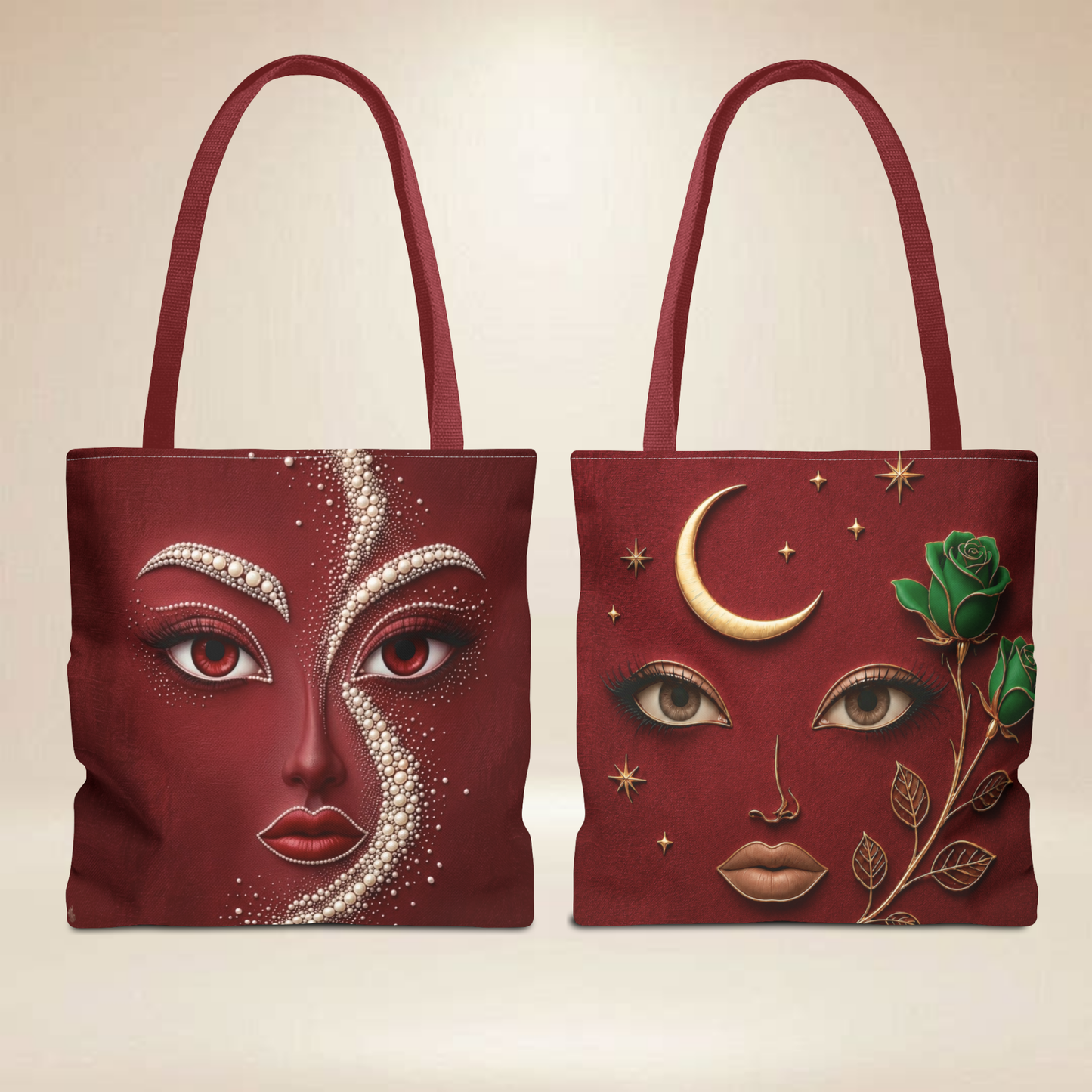 Red Pearl Face Tote Bag | Double-Sided Celestial Rose Tote